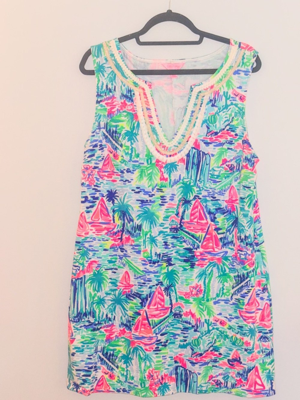 Lilly Pulitzer XL Tropical Shift Dress Gold Trim V-Neck - Picture 4 of 12